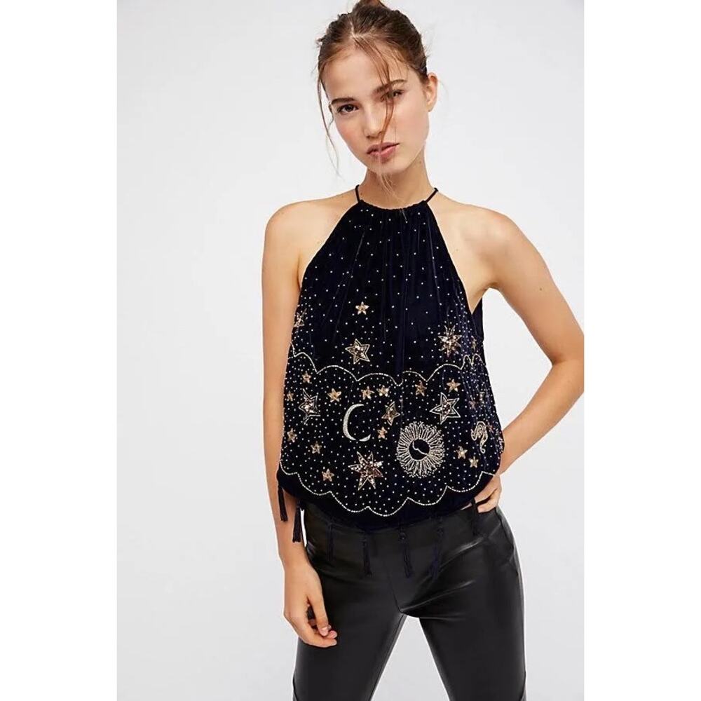 Free People Midnight Magic Embellished Halter Tank NWT XS Blue